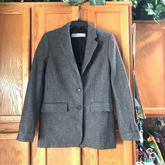ZARA Oversized Two Button Plaid Blazer Jacket w/Elbow Patches Size XS - Picture 1 of 16
